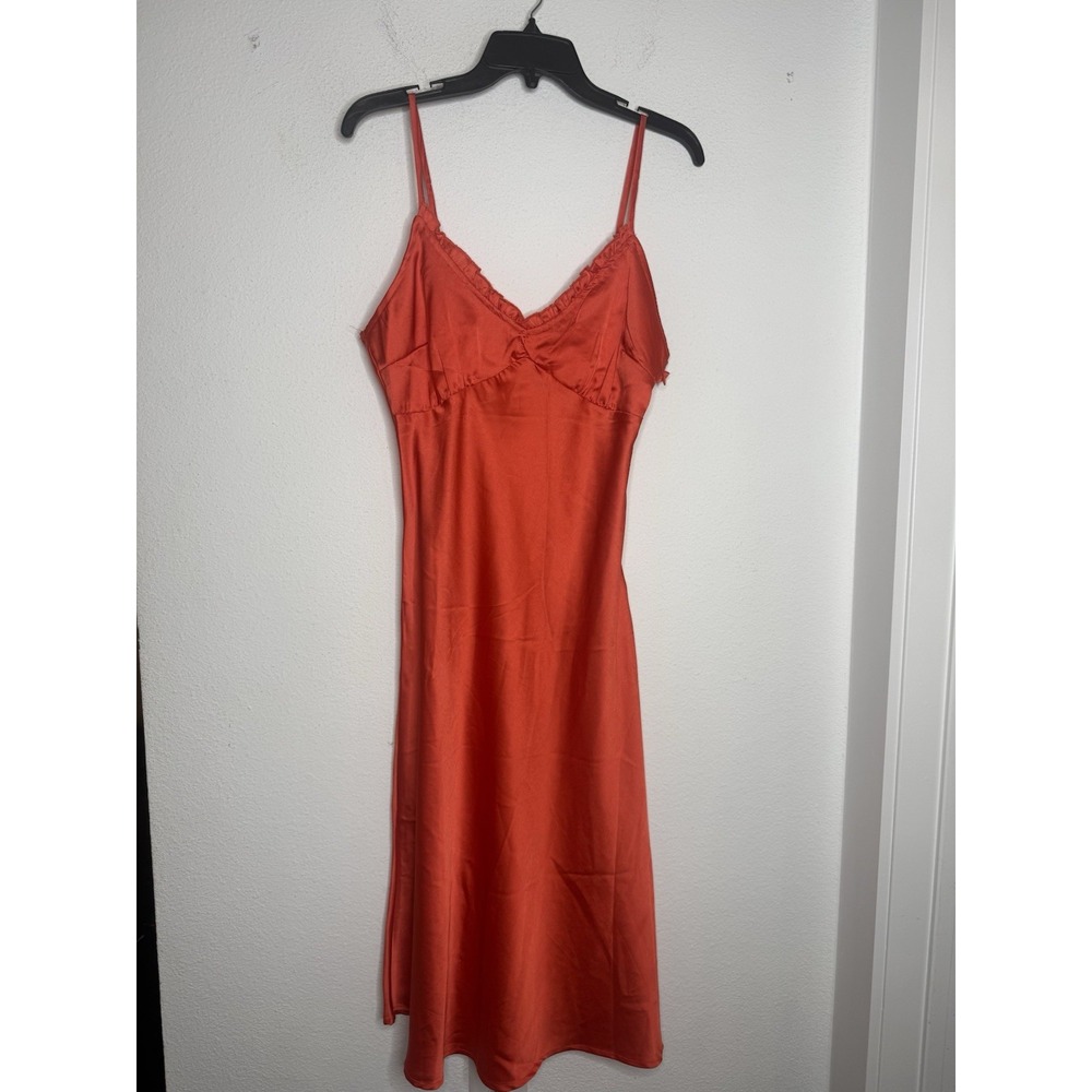 JAPNA Orange Slip Satin Midi Dress Ruffle Zip Side Slit SMALL Sweetheart Y2K